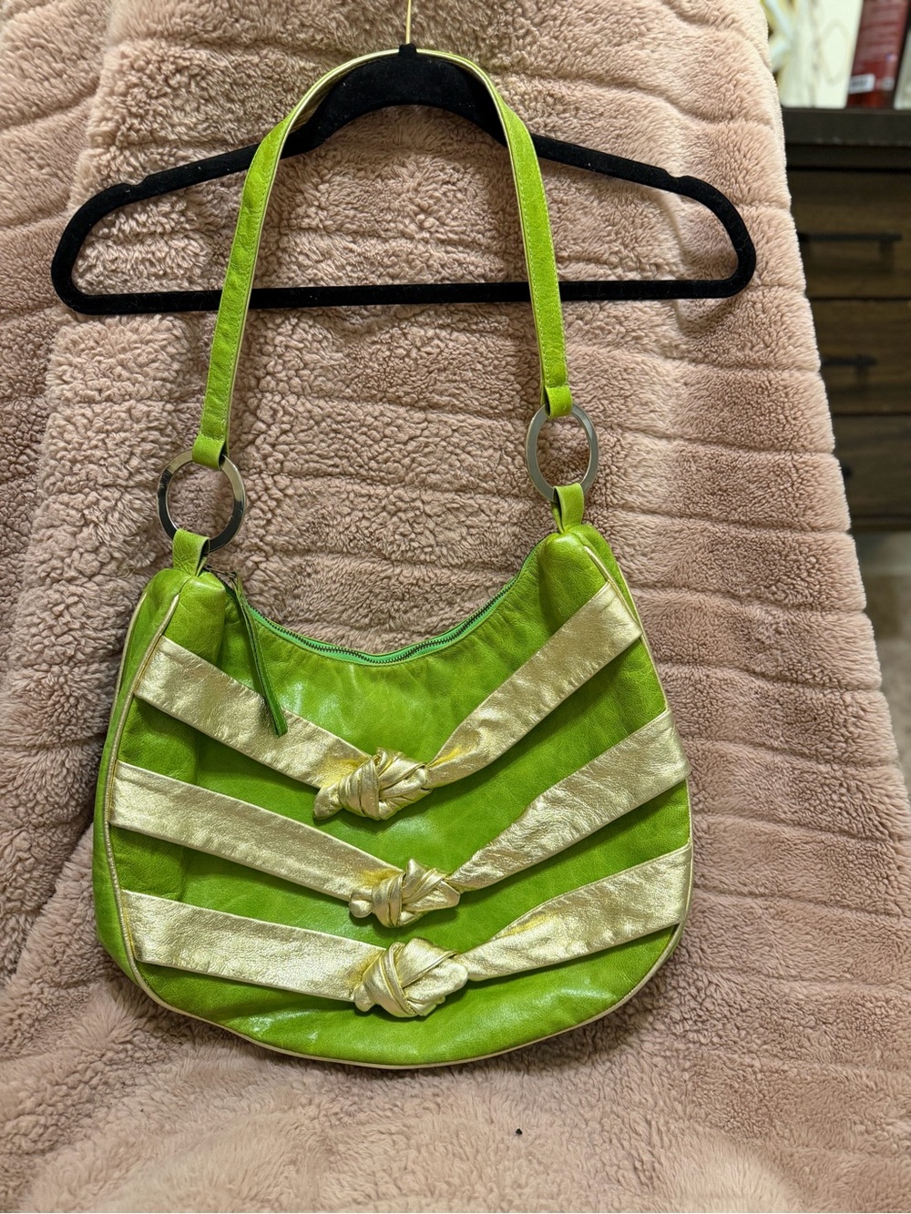 Rare Y2K Janna Kruse Lime Green Gold Leather Shoulder Bag